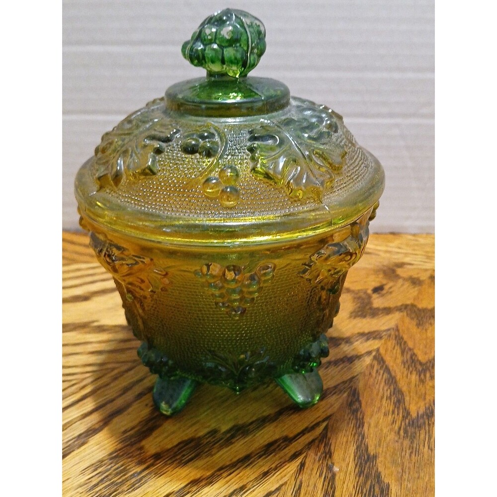 Vintage Jeannette Glass Ombre Amber Green Grape Pattern footed candy dish